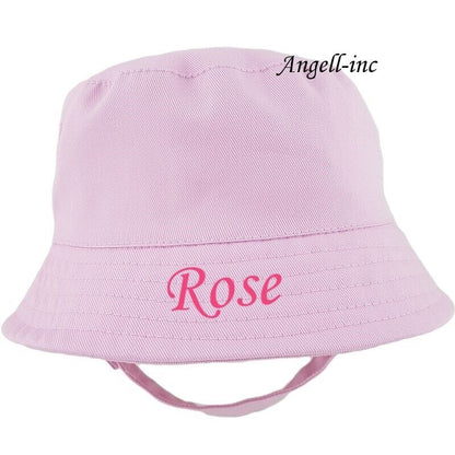 PERSONALISED BABY Bucket Hat Summer White Pink Blue Biscuit NEWBORN to 12 months