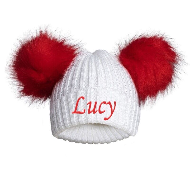 PERSONALISED BABY FUR POM POM HAT KNITTED WINTER WHITE PINK BLUE GREY GIFT 0-12m
