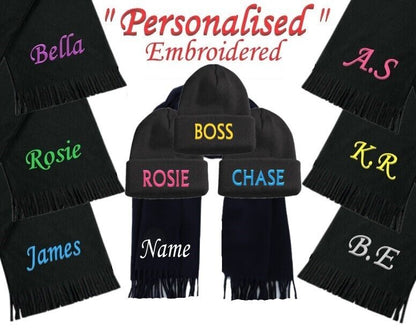 2pc Set PERSONALISED Name Beanie Hat + Scarf Neck Warmer Scalve Tube Fleece Gift