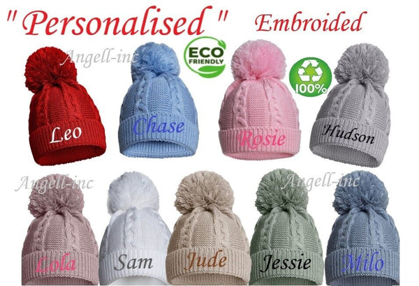 PERSONALISED BABY ECO SINGLE POM POM HAT KNITTED WINTER WHITE PINK BLUE 12-24m