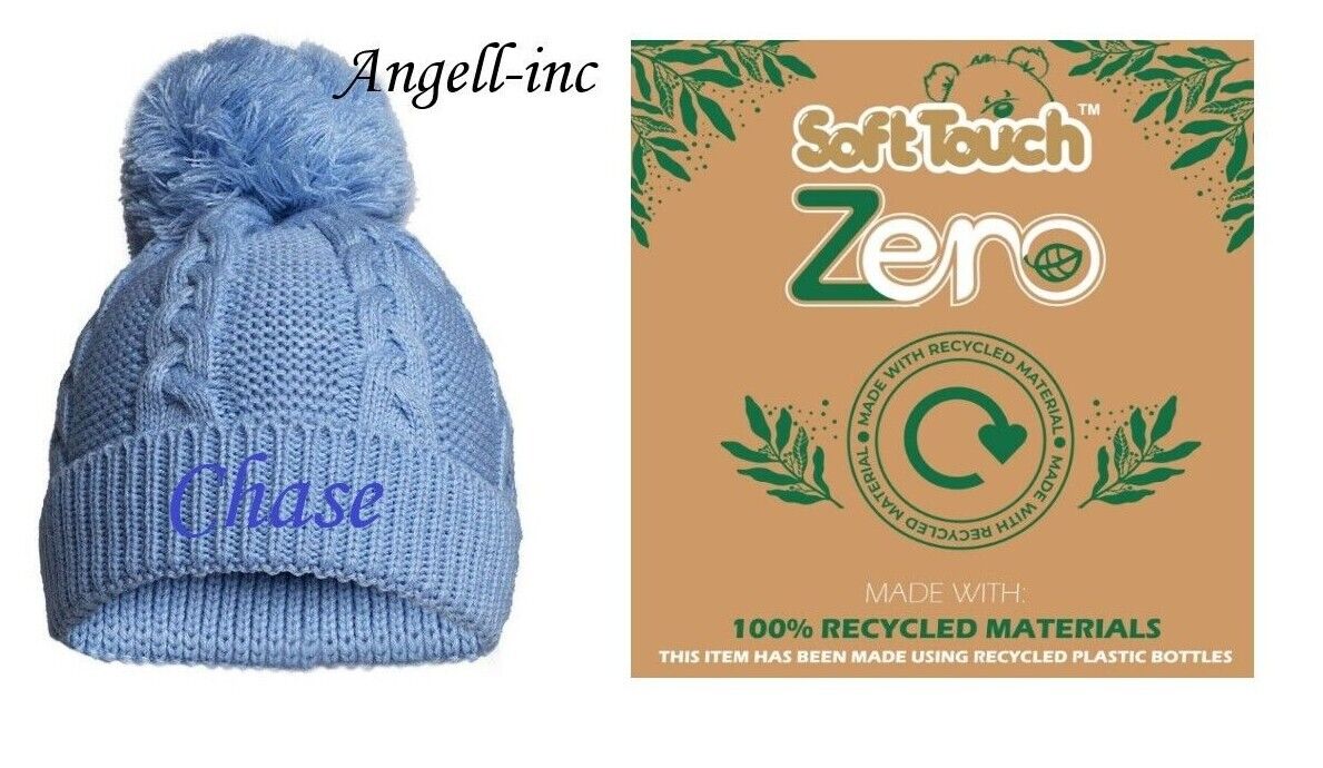 PERSONALISED BABY ECO SINGLE POM POM HAT KNITTED WINTER WHITE PINK BLUE GREY RED