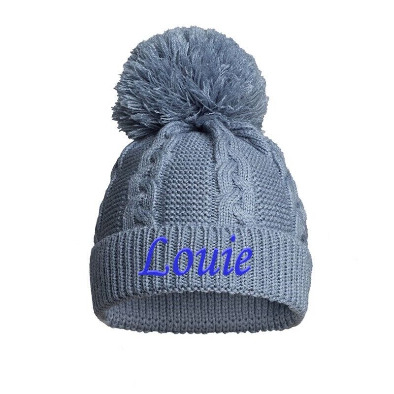 PERSONALISED BABY SINGLE POM POM HAT KNITTED WINTER WHITE PINK BLUE GREY  12-24M