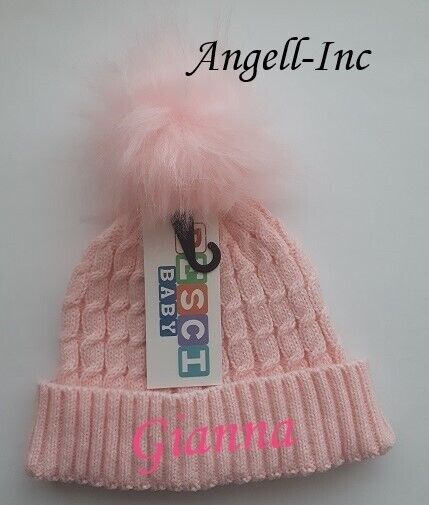 PERSONALISED BABY FUR POM POM HAT KNITTED WINTER WHITE PINK BLUE GREY GIFT 0-6M