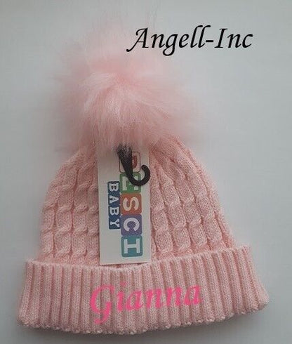 PERSONALISED BABY FUR POM POM HAT KNITTED WINTER WHITE PINK BLUE GREY GIFT 0-6M