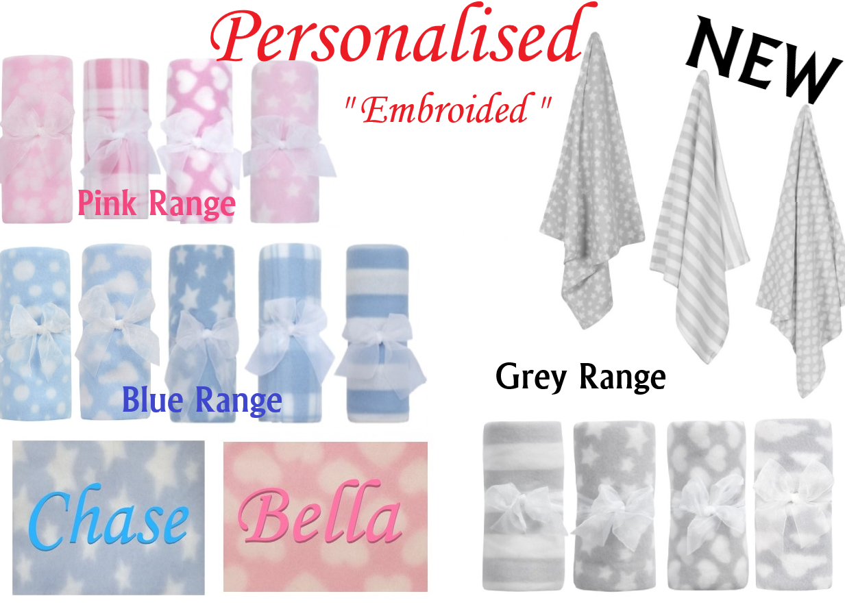 Baby Girl Boy Personalised Blanket Embroidered Towel Name Grey Pink Blue Grey