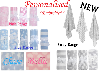 Baby Girl Boy Personalised Blanket Embroidered Towel Name Grey Pink Blue Grey