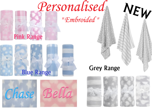 Baby Girl Boy Personalised Blanket Embroidered Towel Name Grey Pink Blue Grey