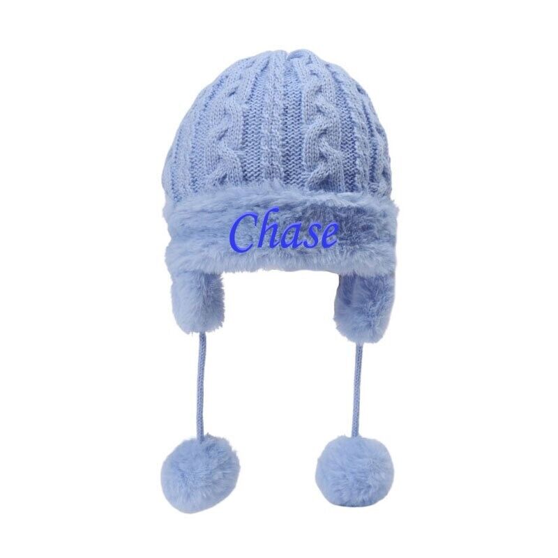 PERSONALISED BABY POM POM HAT KNITTED WINTER WHITE PINK BLUE GREY GIFT NEWBORN-6