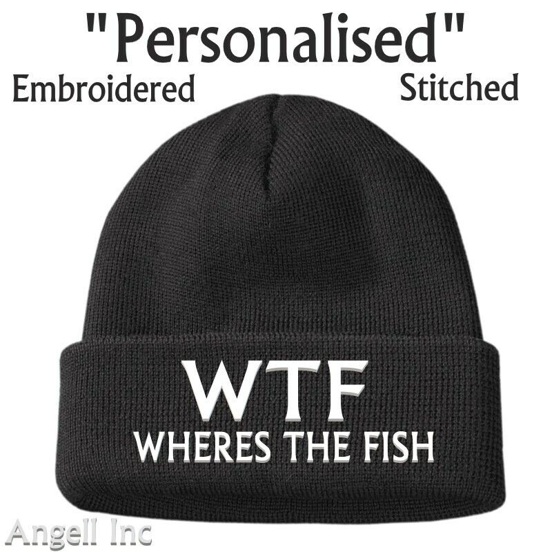 Fishing Gifts mens WTF Wheres the Fish Funny Beanie Hat Rude Joke Angling Dad