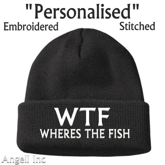 Fishing Gifts mens WTF Wheres the Fish Funny Beanie Hat Rude Joke Angling Dad