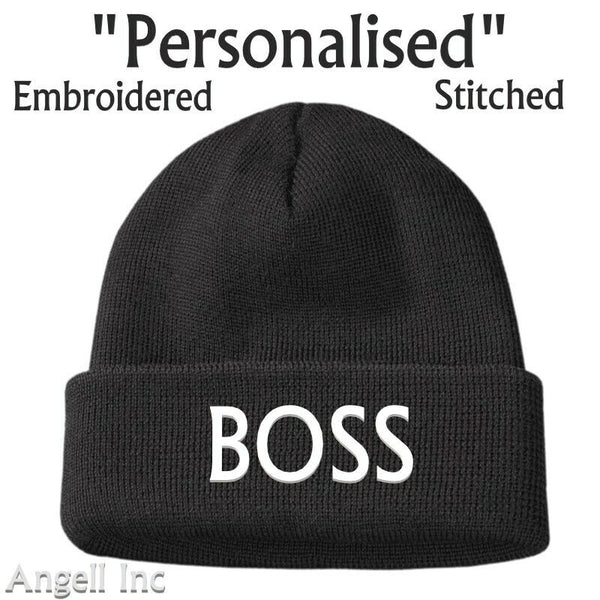 THE BOSS GIFT BIRTHDAY WOMENS MENS Black Beanie Hat Personalised Woolly WORK GYM