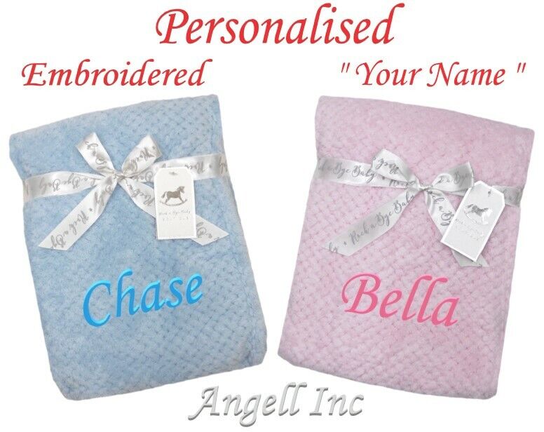 Baby Girl Boy Personalised Blanket Embroidered Towel Name Grey Pink Blue White