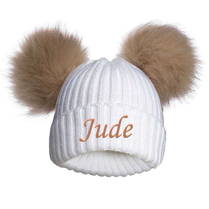 PERSONALISED BABY FUR POM POM HAT KNITTED WINTER WHITE PINK BLUE GREY GIFT 0-12m