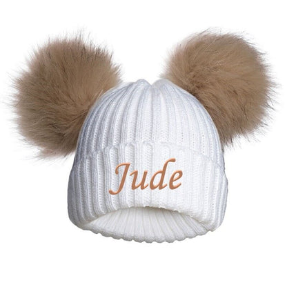 PERSONALISED BABY FUR POM POM HAT KNITTED WINTER WHITE PINK BLUE GREY GIFT 0-12m