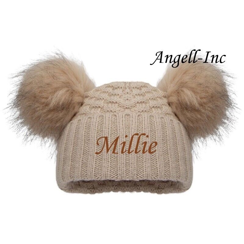 PERSONALISED BABY FUR POM POM HAT KNITTED WINTER WHITE PINK BLUE GREY GIFT 12-24