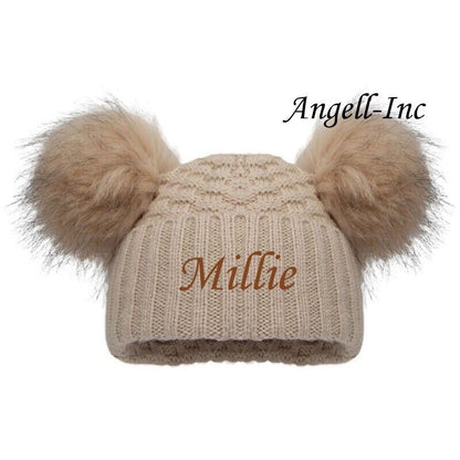 PERSONALISED BABY FUR POM POM HAT KNITTED WINTER WHITE PINK BLUE GREY GIFT 12-24