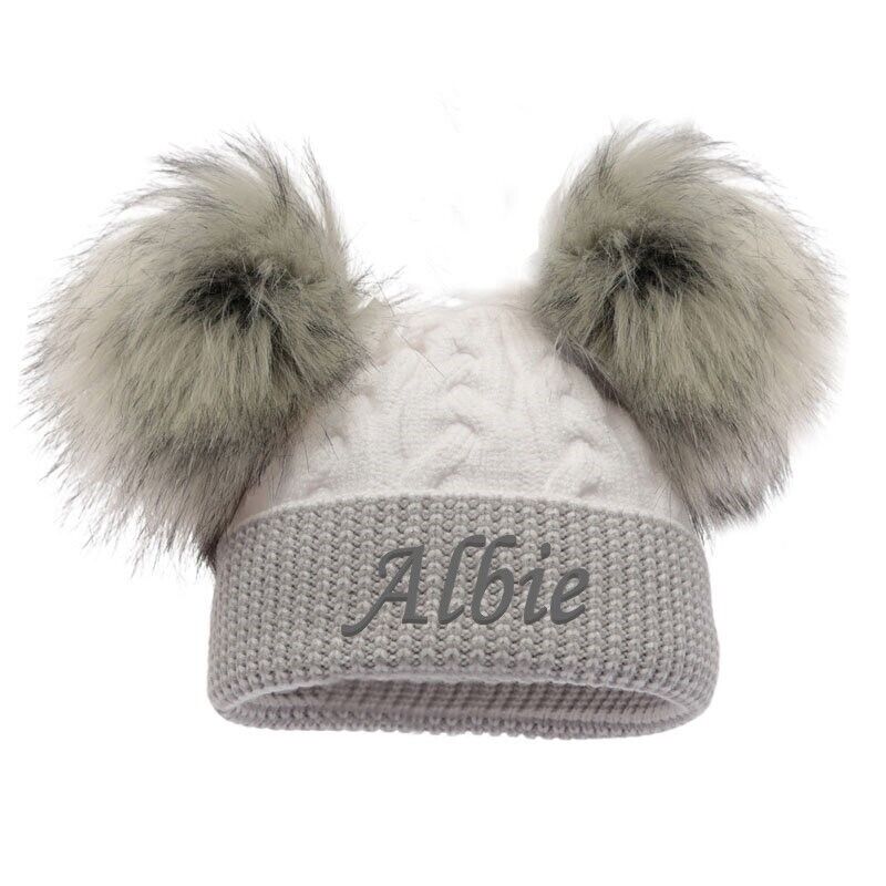 PERSONALISED BABY POM POM HAT KNITTED WINTER WHITE PINK BLUE GREY GIFT NB 0-12m