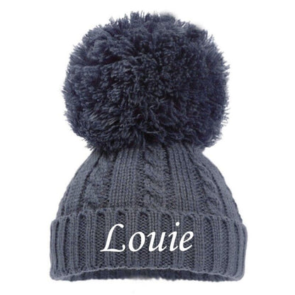 PERSONALISED BABY SINGLE POM POM HAT KNITTED WINTER WHITE PINK BLUE GREY NEWBORN