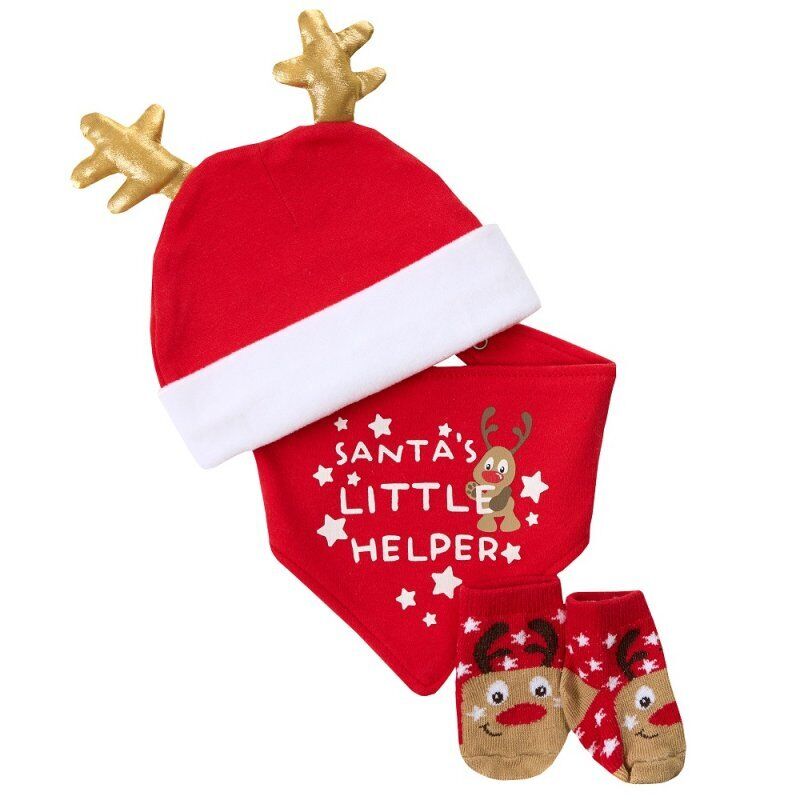 Personalised Name Baby Santa Reindeer Hat Bib 3pc Gift Set Christmas 0-6 months