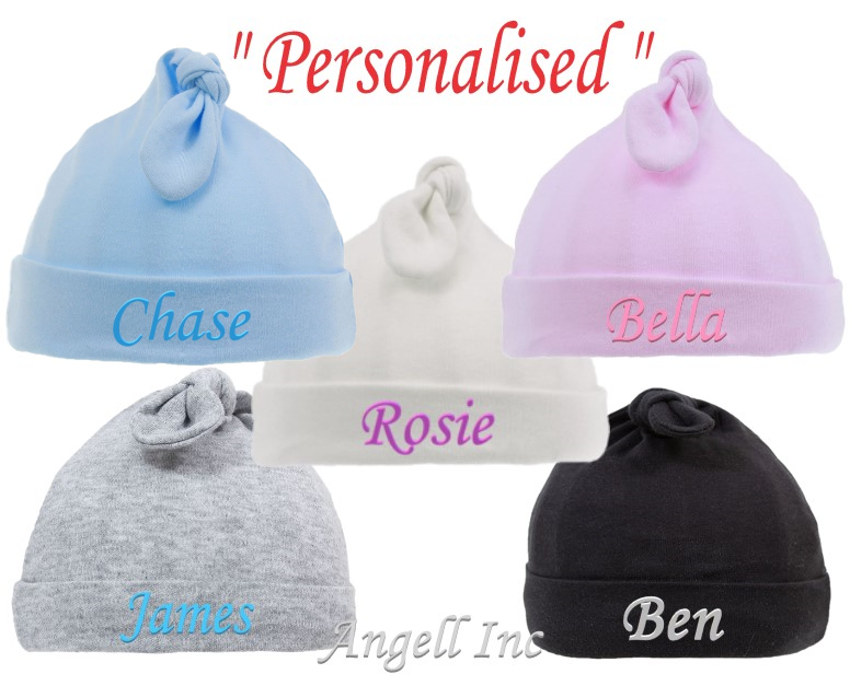 Personalised Baby newborn Hat Beanie Knot Cotton 0-6 Month Pink Blue White gift 