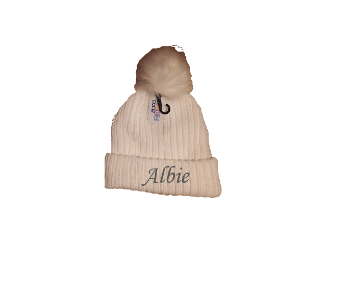 PERSONALISED BABY FUR pom pom HAT KNITTED WINTER WHITE PINK BLUE GREY 6-18months