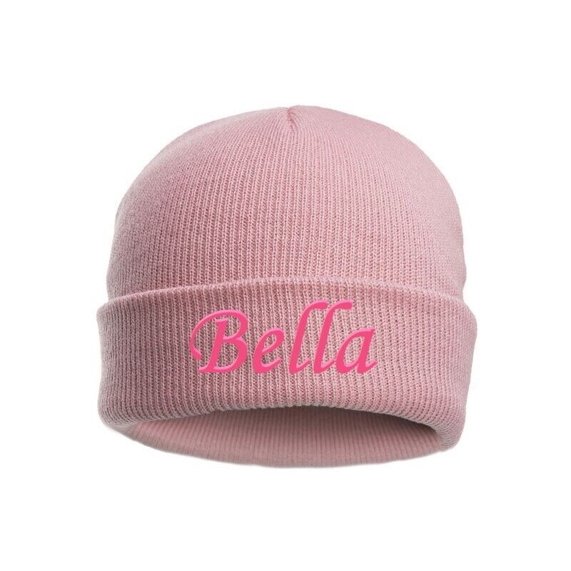 PERSONALISED BABY BEANIE HAT KNITTED WINTER WHITE PINK BLUE GREY NEWBORN (0-12m)