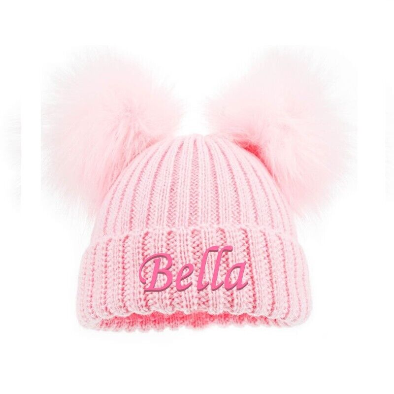 PERSONALISED BABY POM POM HAT KNITTED WINTER WHITE PINK BLUE GREY GIFT NB 0-12m