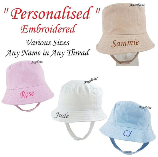 PERSONALISED BABY Bucket Hat Summer White Pink Blue Biscuit NEWBORN to 12 months
