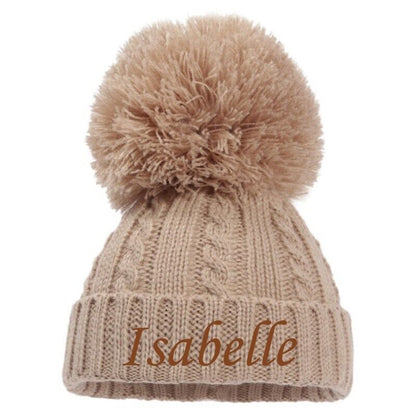 PERSONALISED BABY SINGLE POM POM HAT KNITTED WINTER WHITE PINK BLUE GREY NEWBORN