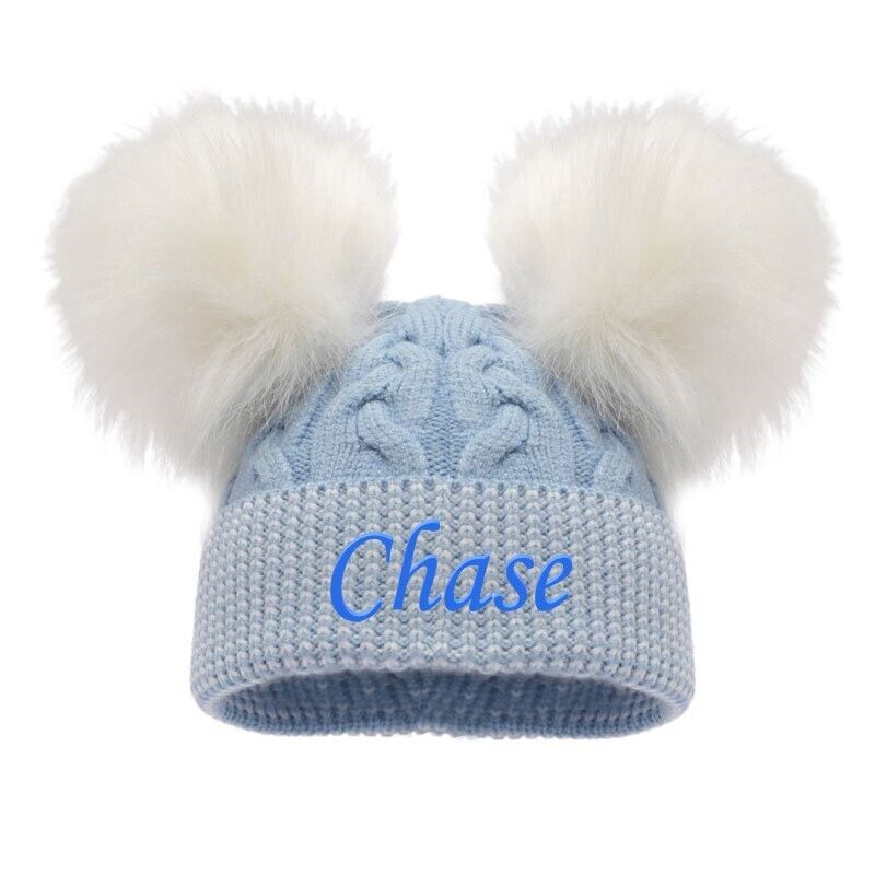 PERSONALISED BABY POM POM HAT KNITTED WINTER WHITE PINK BLUE GREY GIFT NB 0-12m