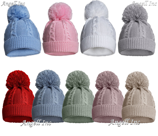 BABY SINGLE POM POM HAT KNITTED WINTER WHITE PINK BLUE GREY NEWBORN 0-12 Months