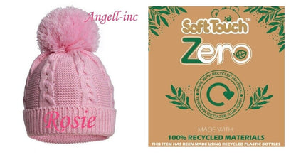 PERSONALISED BABY ECO SINGLE POM POM HAT KNITTED WINTER WHITE PINK BLUE 12-24m
