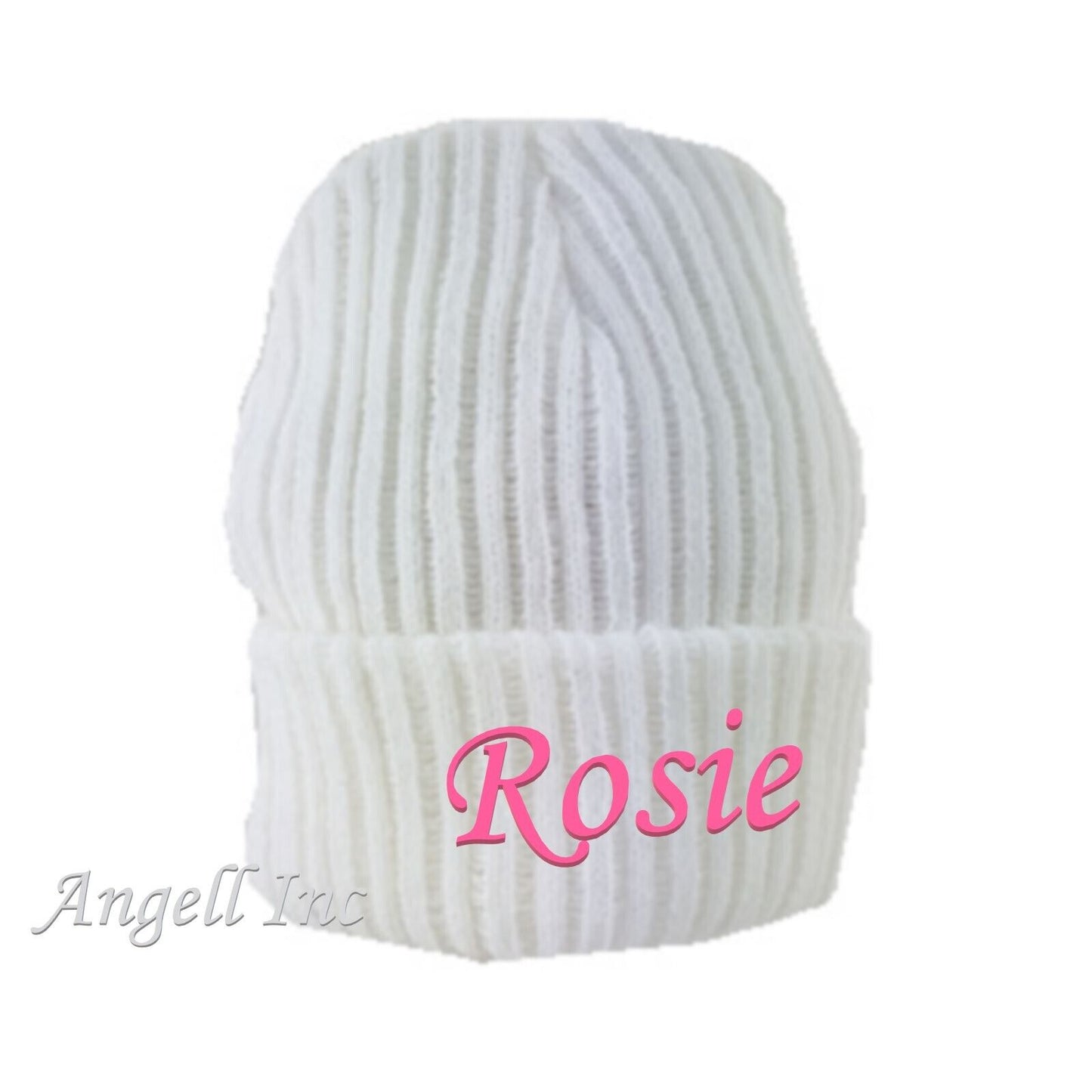 PERSONALISED BABY HAT POM POM  KNITTED WINTER WHITE PINK BLUE GIFT newborn 0-12m