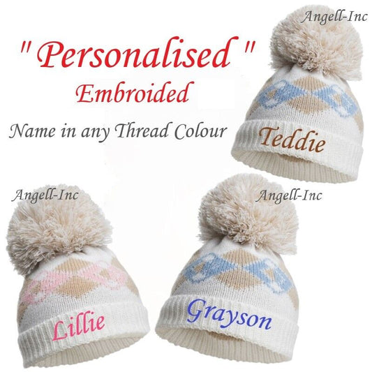 PERSONALISED BABY POM POM HAT KNITTED WINTER PINK BLUE BROWN newborn NB-12m