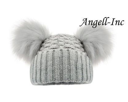 PERSONALISED BABY FUR POM POM HAT KNITTED WINTER WHITE PINK BLUE GREY GIFT 0-12m