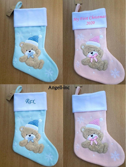 Personalised TEDDY Christmas BABY Stocking PINK BLUE EMBROIDERD XMAS SACK UK