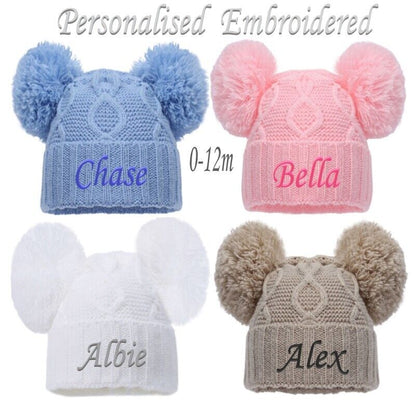PERSONALISED BABY POM POM HAT KNITTED WINTER WHITE PINK BLUE GREY GIFT NB 0-12m