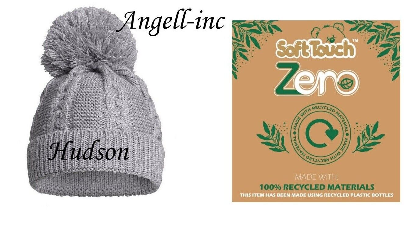 PERSONALISED BABY ECO SINGLE POM POM HAT KNITTED WINTER WHITE PINK BLUE GREY RED