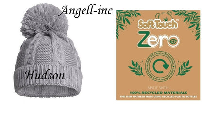 PERSONALISED BABY ECO SINGLE POM POM HAT KNITTED WINTER WHITE PINK BLUE GREY RED