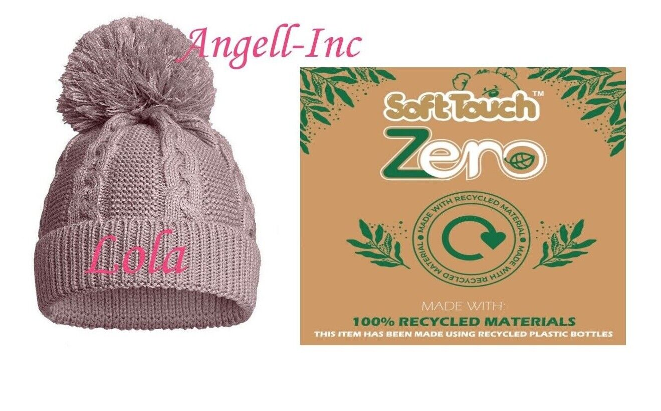 PERSONALISED BABY ECO SINGLE POM POM HAT KNITTED WINTER WHITE PINK BLUE GREY RED