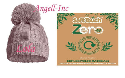 PERSONALISED BABY ECO SINGLE POM POM HAT KNITTED WINTER WHITE PINK BLUE GREY RED