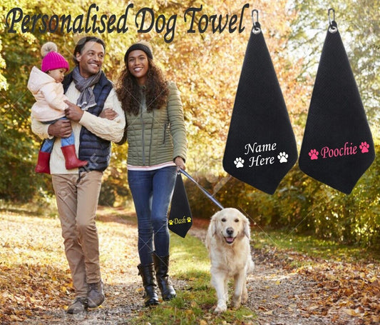 Personalised DOG TOWEL Paw Cleaning Walking Clip on Lead Puppy Pet Microfibre