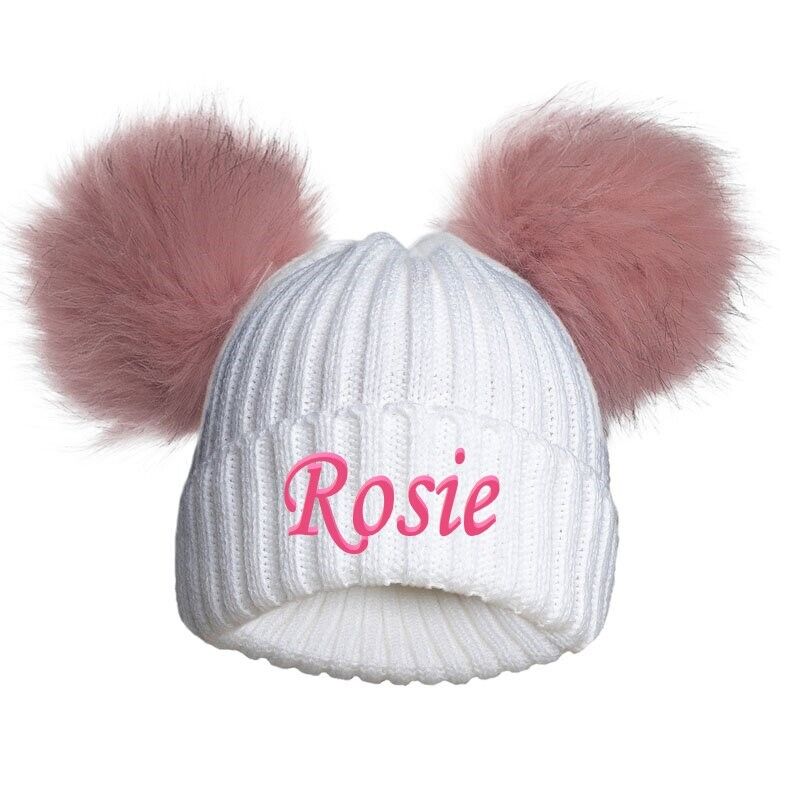 PERSONALISED BABY FUR POM POM HAT KNITTED WINTER WHITE PINK BLUE GREY GIFT 0-12m