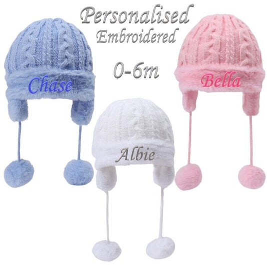 PERSONALISED BABY POM POM HAT KNITTED WINTER WHITE PINK BLUE GREY GIFT NEWBORN-6