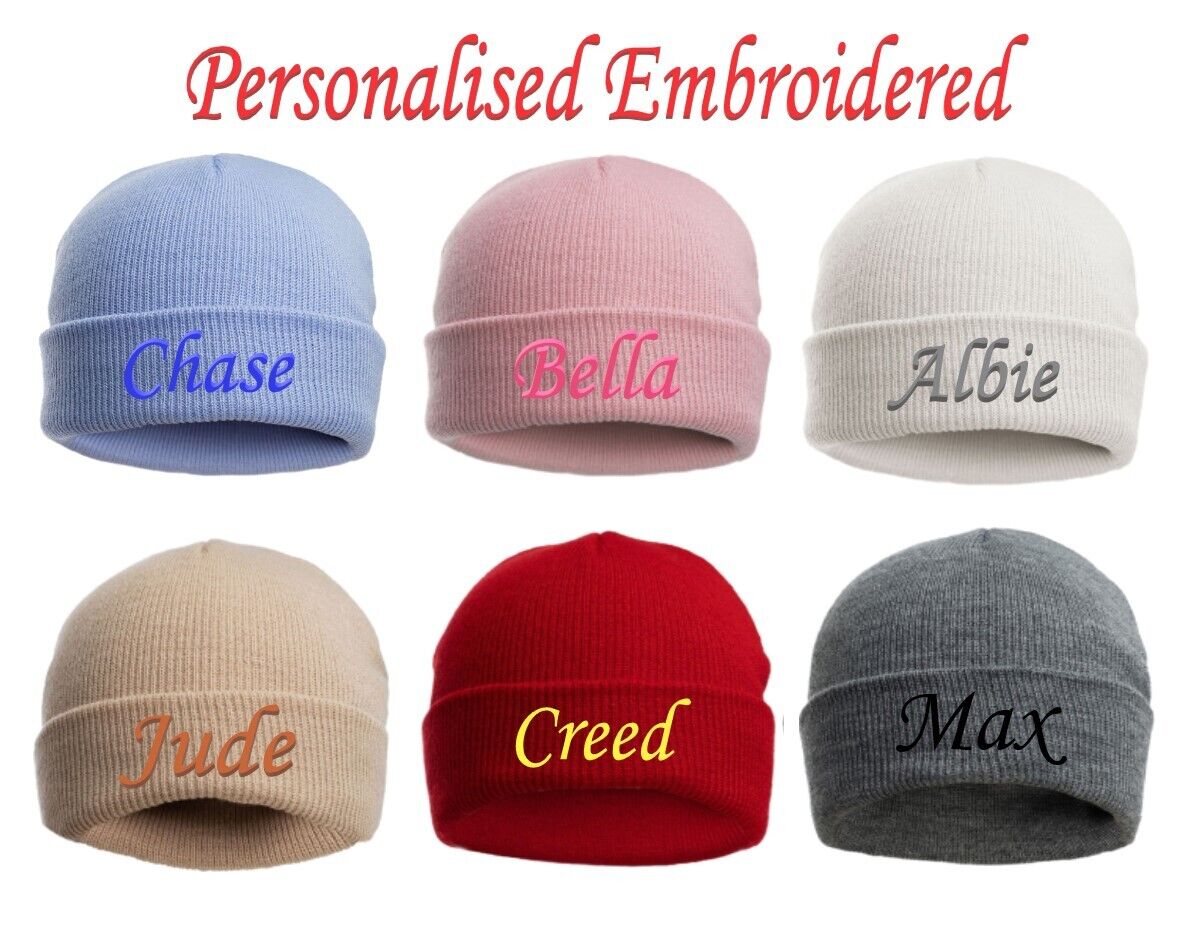 PERSONALISED BABY BEANIE HAT KNITTED WINTER WHITE PINK BLUE GREY NEWBORN (0-12m)