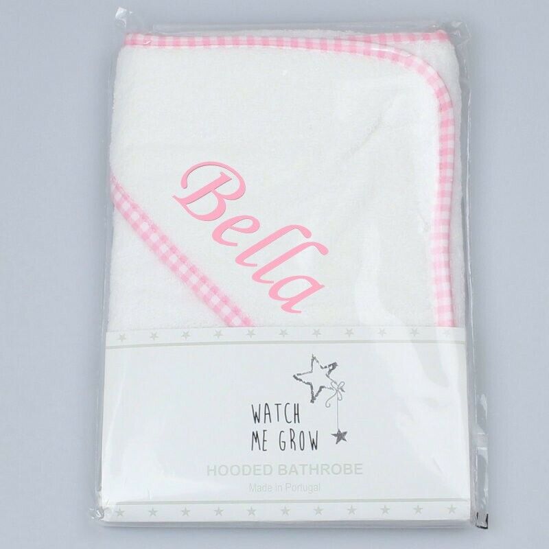 PERSONALISED BABY HOODED TOWEL ROBE GIFT SWIMMING  BOY GIRL PINK BLUE WHITE 