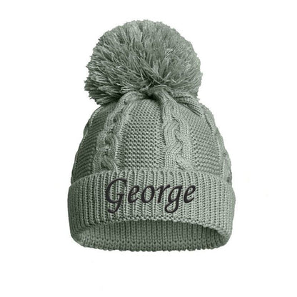 PERSONALISED BABY SINGLE POM POM HAT KNITTED WINTER WHITE PINK BLUE GREY NEWBORN