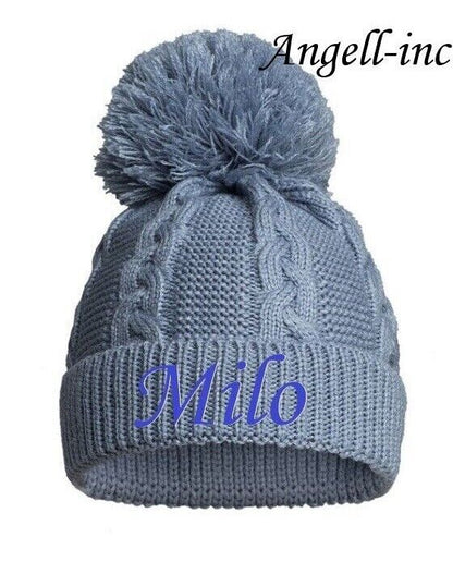 PERSONALISED BABY SINGLE POM POM HAT KNITTED WINTER WHITE PINK BLUE GREY NEWBORN
