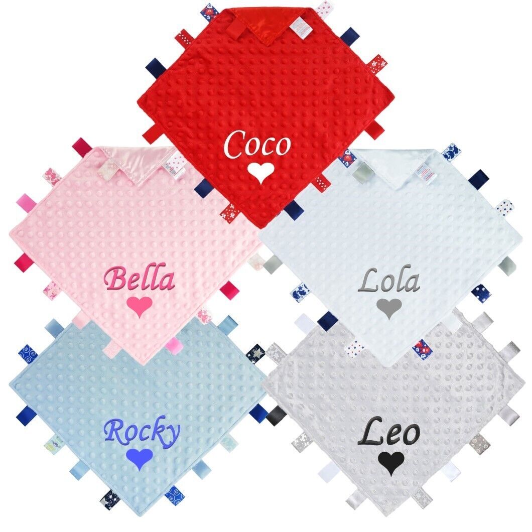 PERSONALISED NAME BABY TAGGIE TAGGY COMFORTER HEART BLANKET FLEECE BOY GIRL