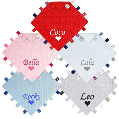 PERSONALISED NAME BABY TAGGIE TAGGY COMFORTER HEART BLANKET FLEECE BOY GIRL